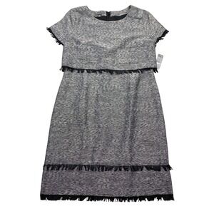 Covington Missy Cropped A‎ Line Dress Silver Lurex Tweed Fringe Gray Large NWT